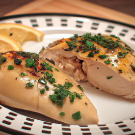 Baked chicken breasts with maple, mustard, lemon and dill