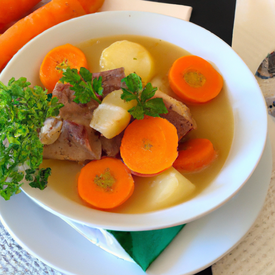 sopa de carne com cenoura, batata doce e arroz branco