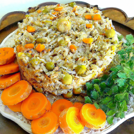 Torta de arroz integral com legumes e frango
